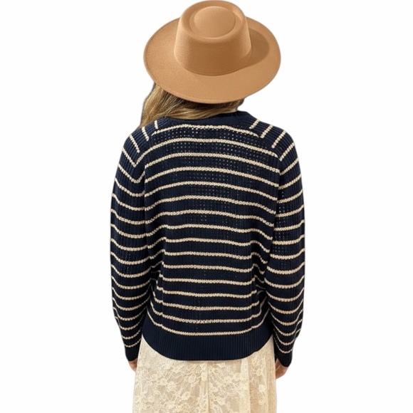 V Neck Navy Tan Striped Button Up Knitted Cardigan - NWT - Picture 3 of 3